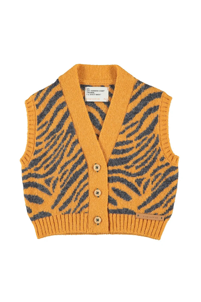 Piu Piu Knitted Waistcoat Orange With Zebra Print