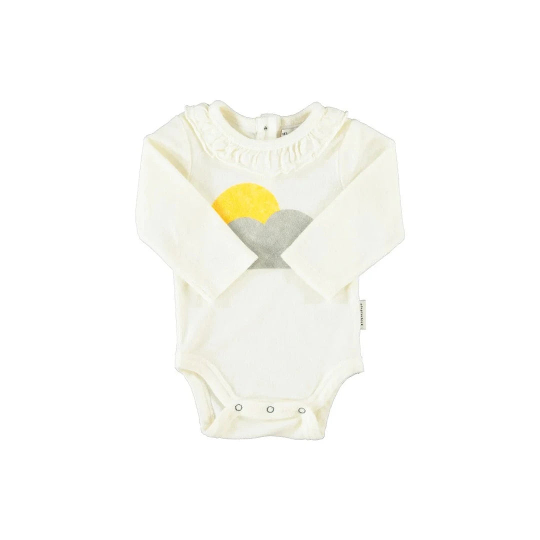 Piu Piu Long Sleeve Bodysuit With Collar Ecru With Sun & Cloud Print