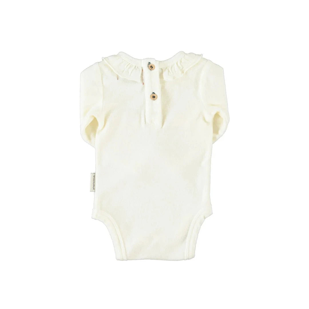 Piu Piu Long Sleeve Bodysuit With Collar Ecru With Sun & Cloud Print