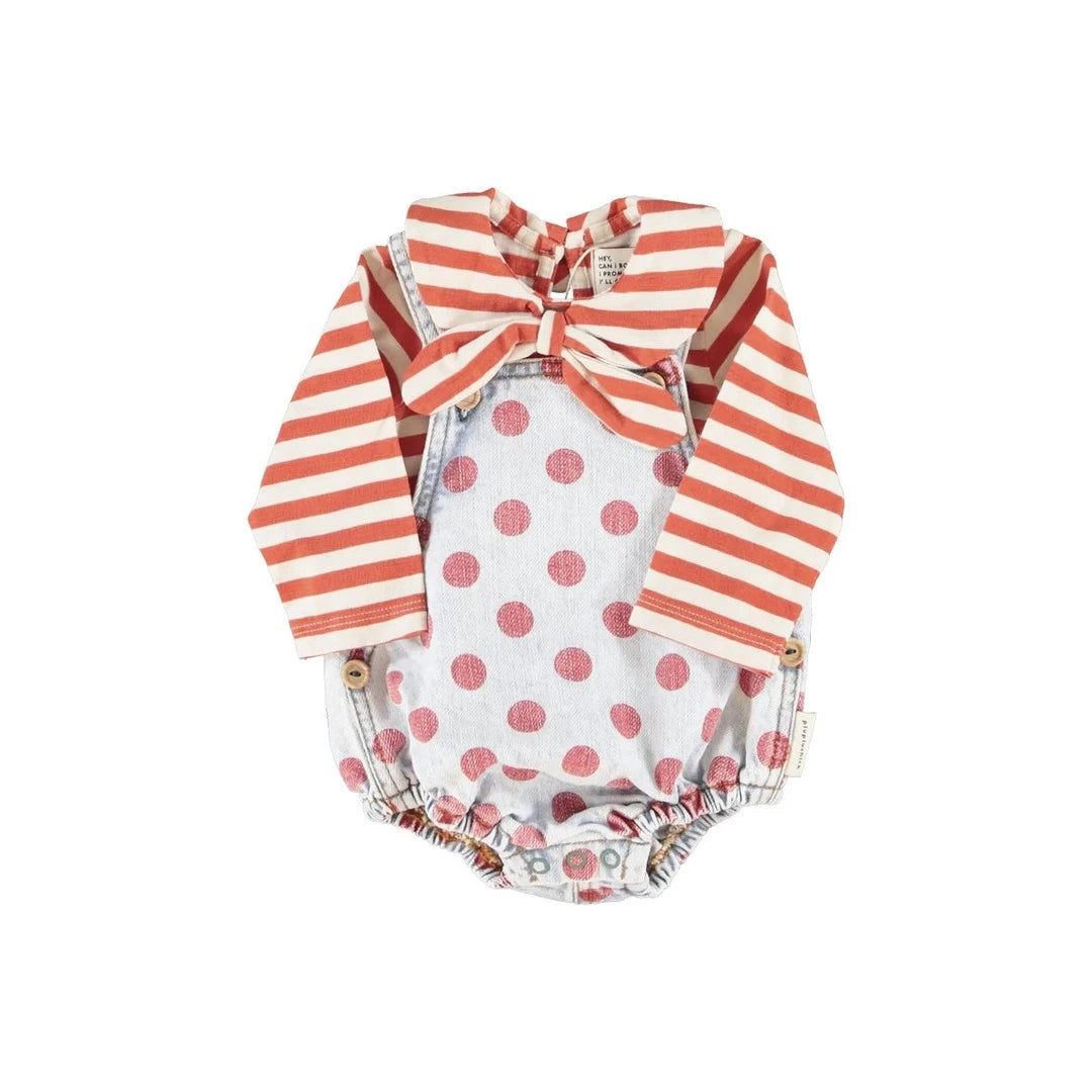 Piu Piu Baby Romper Light Blue Denim With Red Dots image 1