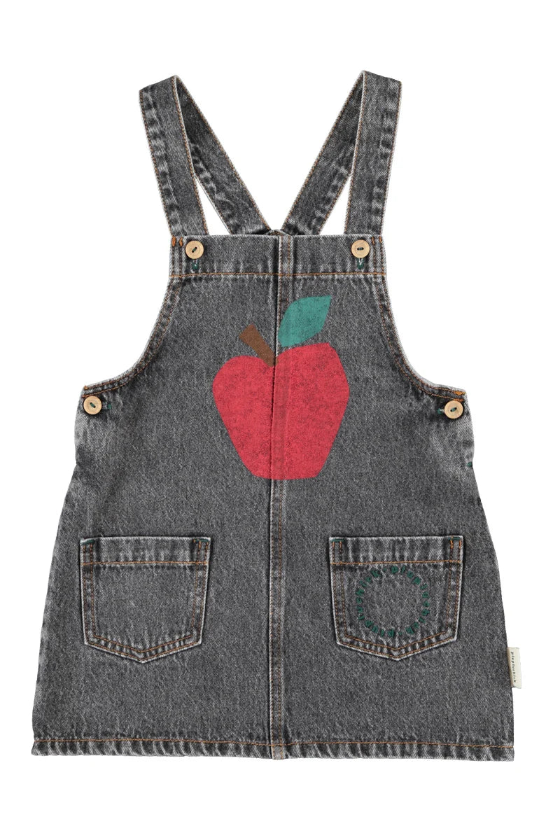 Piu Piu Short Dress With Straps Washed Black Denim With Apple Print