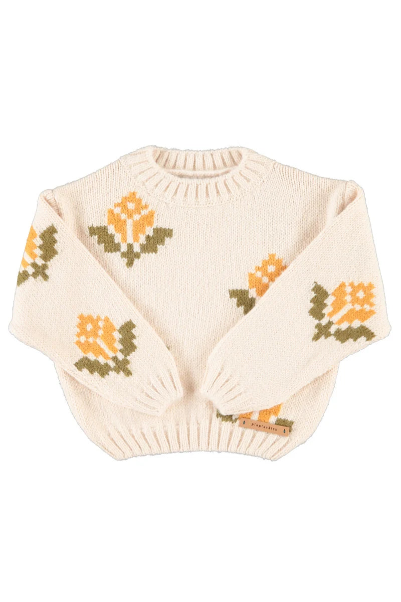 Piu Piu Jacquard Sweater Ecru With Flowers