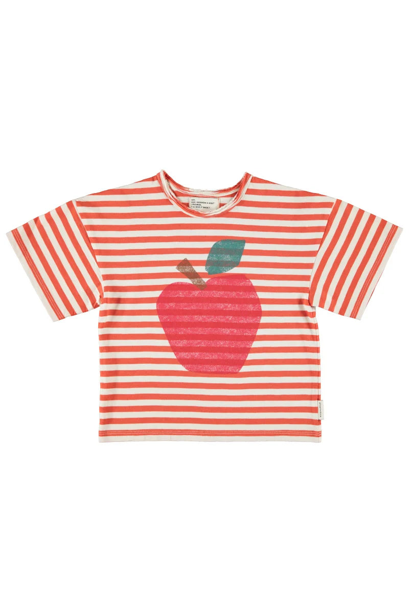 Piu Piu Oversize T'shirt Red & Ecru Stripes With Apple Print