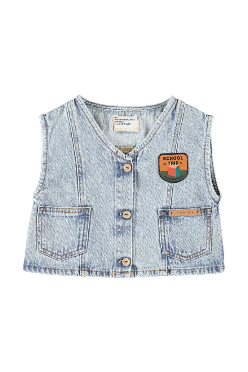 Piu Piu Waistcoat Fadded Light Blue Denim With Captain Print
