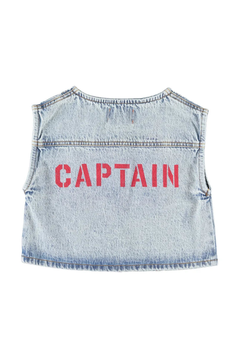 Piu Piu Waistcoat Fadded Light Blue Denim With Captain Print
